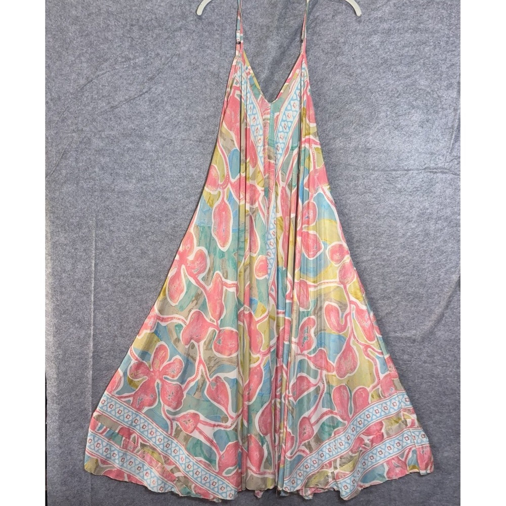 Wevez Silk Maxi Dress Women Sz M Pastel Floral Boho Tropical Romantic (SEE NOTE)